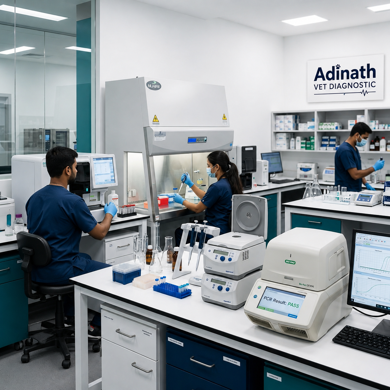 Veterinary diagnostic laboratory setup with analyzers